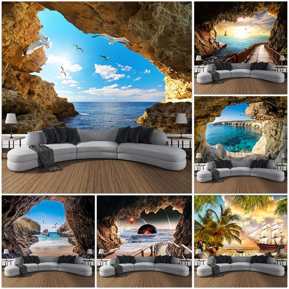 Home Gym Decor - Berggrot Landschap Tapijt Oceaan Vogels Kokospalm